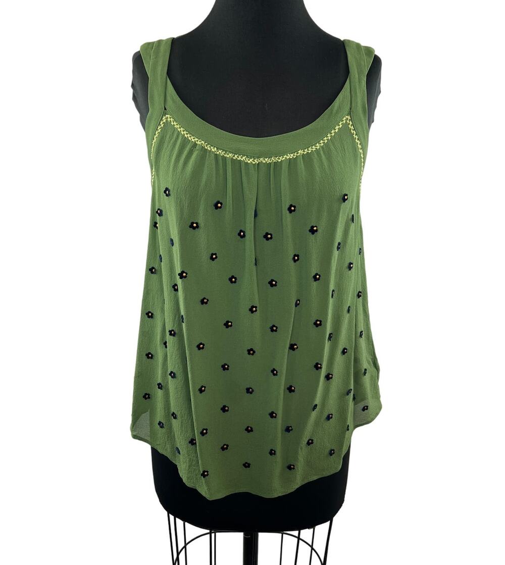 ANTHROPOLOGIE Postmark 9-H15 StCL Sheer Green Embroidered Flower Tank Top Size 4